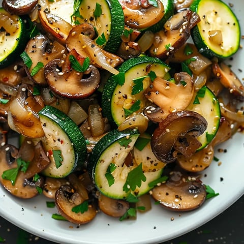 Low-carb stir-fried zucchini with mushrooms and onions