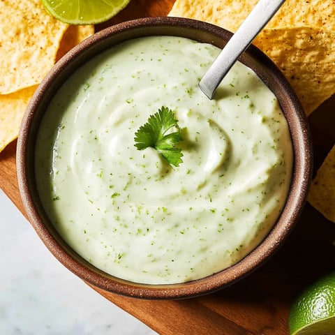 A bowl of creamy sauce with a spoon.